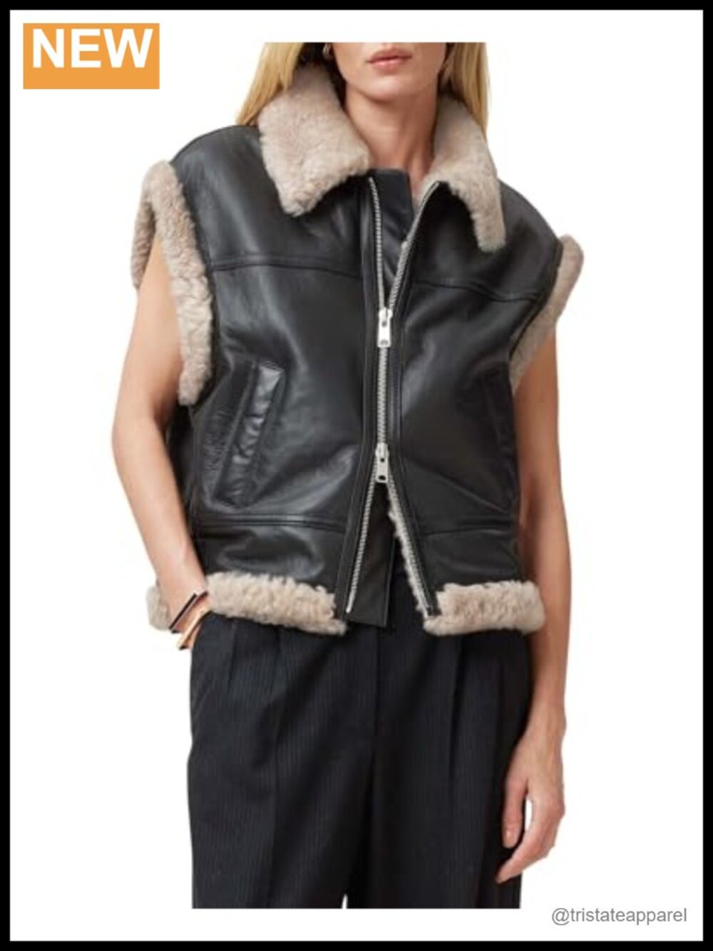 AllSaints Zep Shearling Gilet Aviator Vest Leather Faux Fur Lining